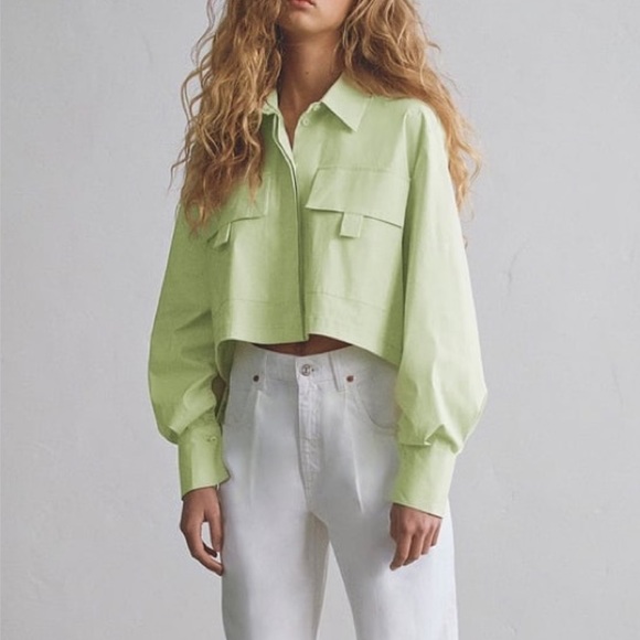 Zara apple green poplin shirt
with pockets - Picture 3 of 5